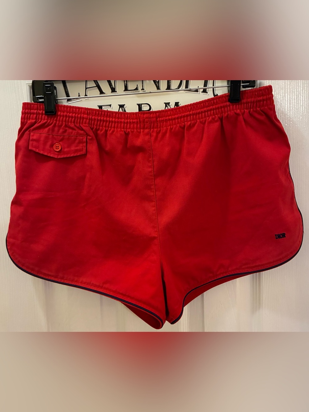 Vintage Christian Dior Men’s Red Dolphin Hem Swim Trunks with Navy Piping